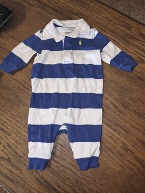 Ralph Lauren White And Blue Romper Rugby Collared 3M Baby Boys